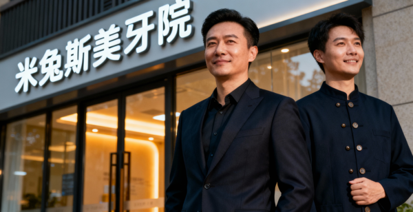 jimeng-2025-11-08-6262-米兔斯创始人梁俊锋身着正装与军装合影对比图，背景为米兔斯美牙院门店，展现从军人到....png