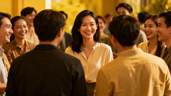 jimeng-2025-11-23-9027-在社交场合中，自信微笑的人物成为焦点，周围人群被其魅力吸引，展现微笑的传播效应.png